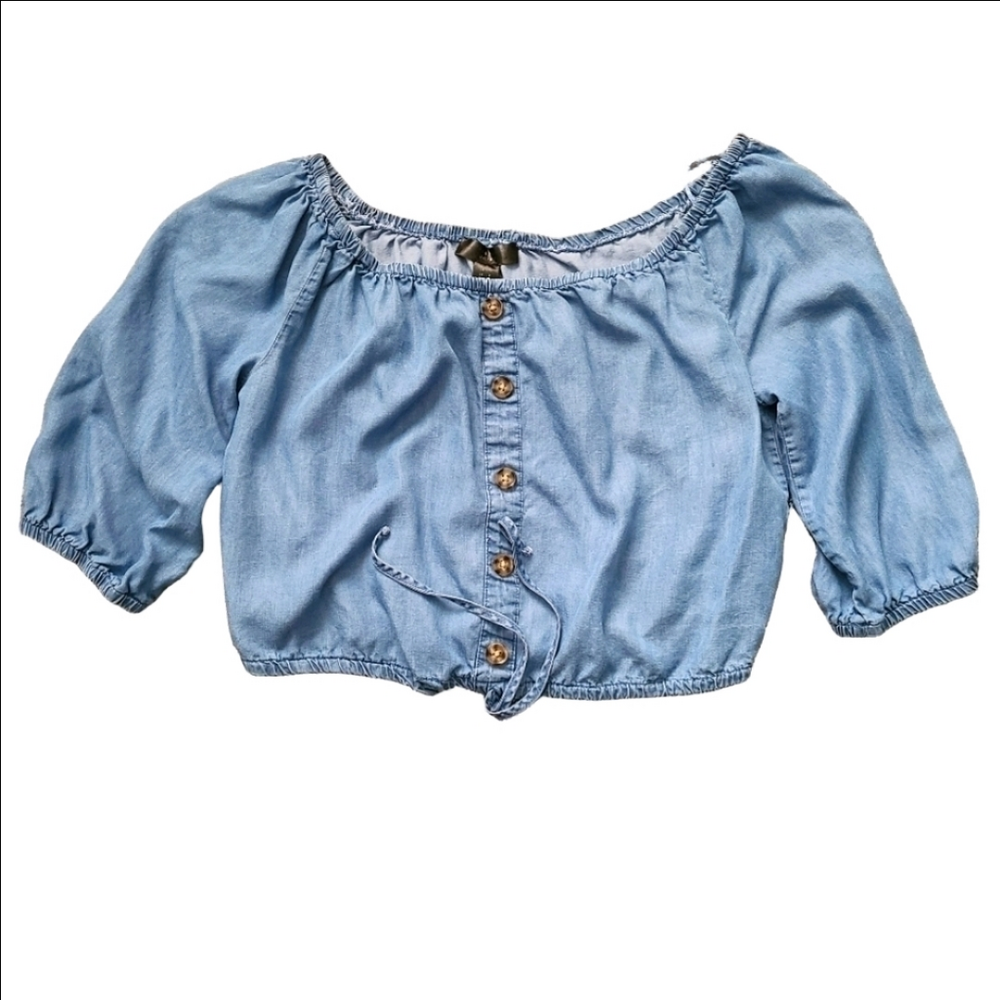Streetwear Society Denim Off The Shoulder Cropped Top Tie-Up Medium Wash Small